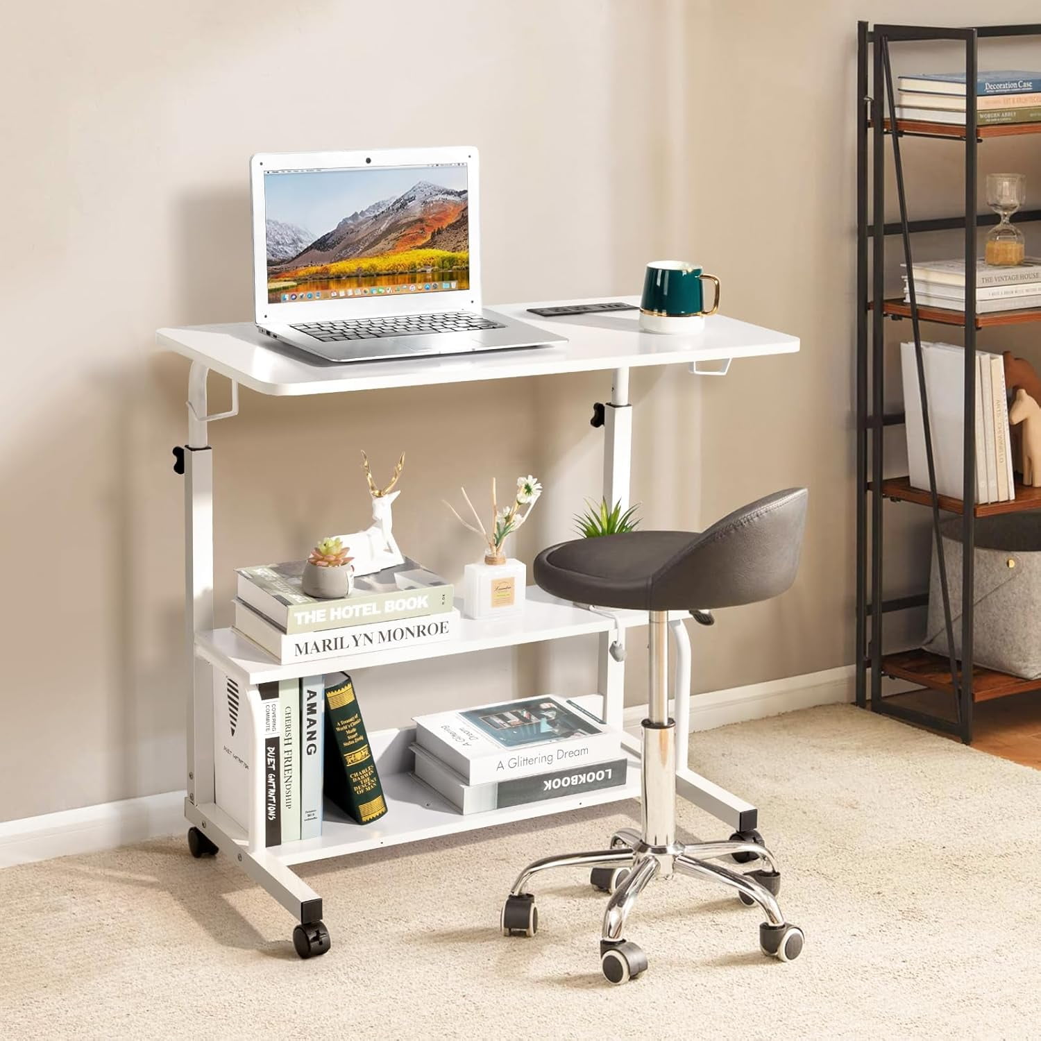 FCH 31.5" Mobile Small Standing Desk, Adjustable Height Mobile Computer Desk, w/2 AC Outlets + 3 USB Ports & Hooks, Storage Shelves, Suitable for Gaming, Studying, Home Office, White
