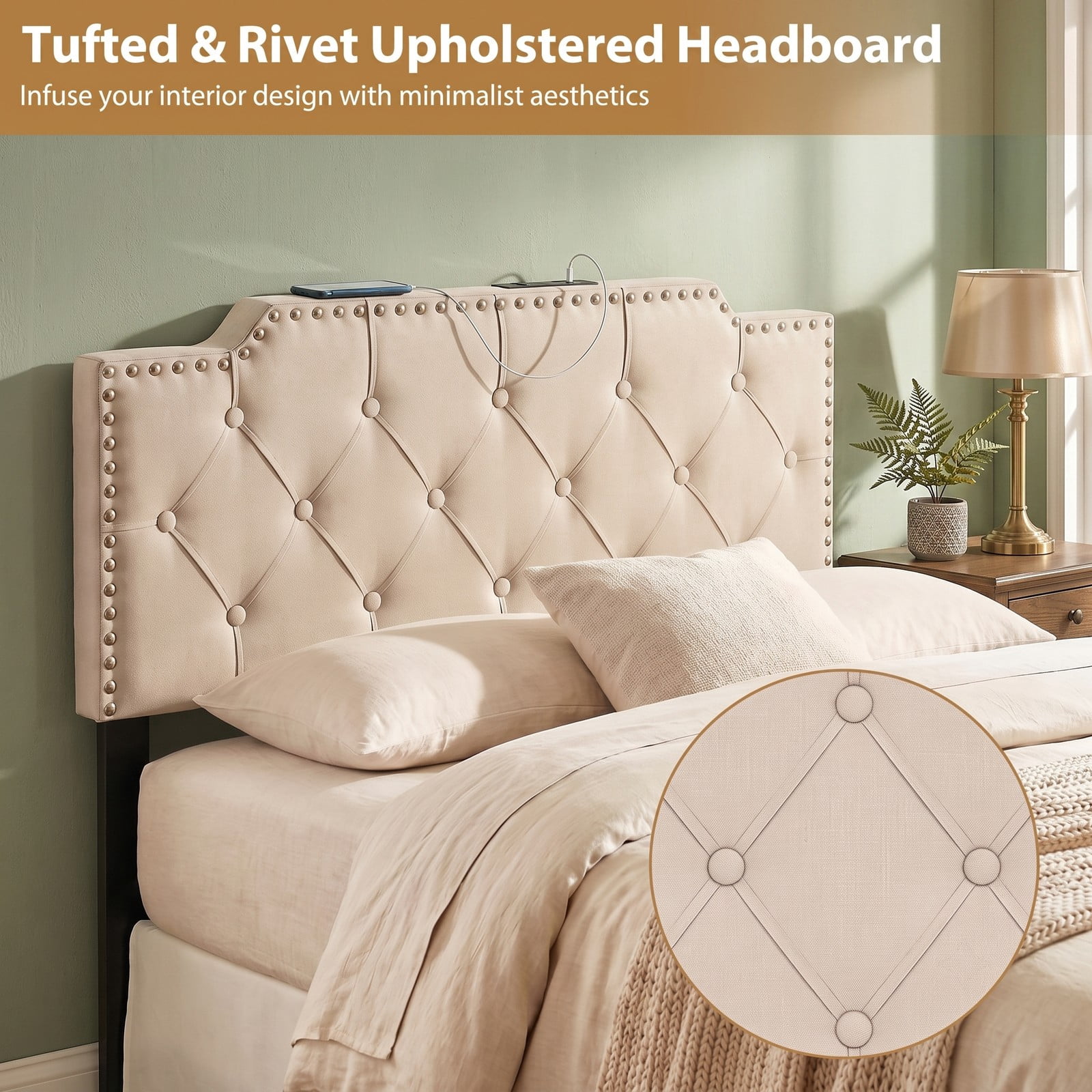 Furnibear Nailhead Trim Tufted Upholstered Headboard with 2 AC Outlets and USB and Type-C Ports for Full and Queen Beds, Beige