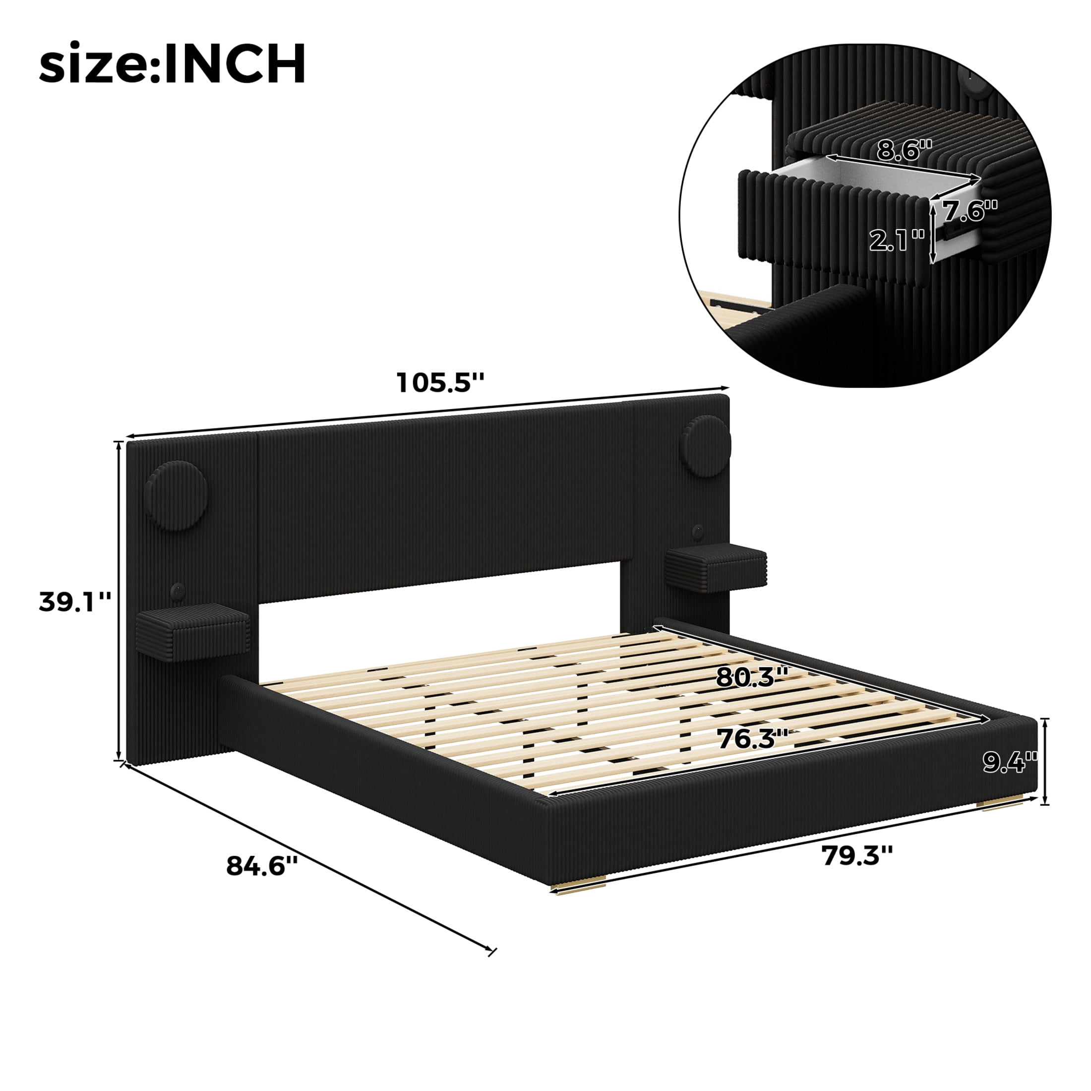 Noble House Dellas King Size Upholstered Platform Bed with LED Lights, Charging Ports & Side Storage Drawers, Black