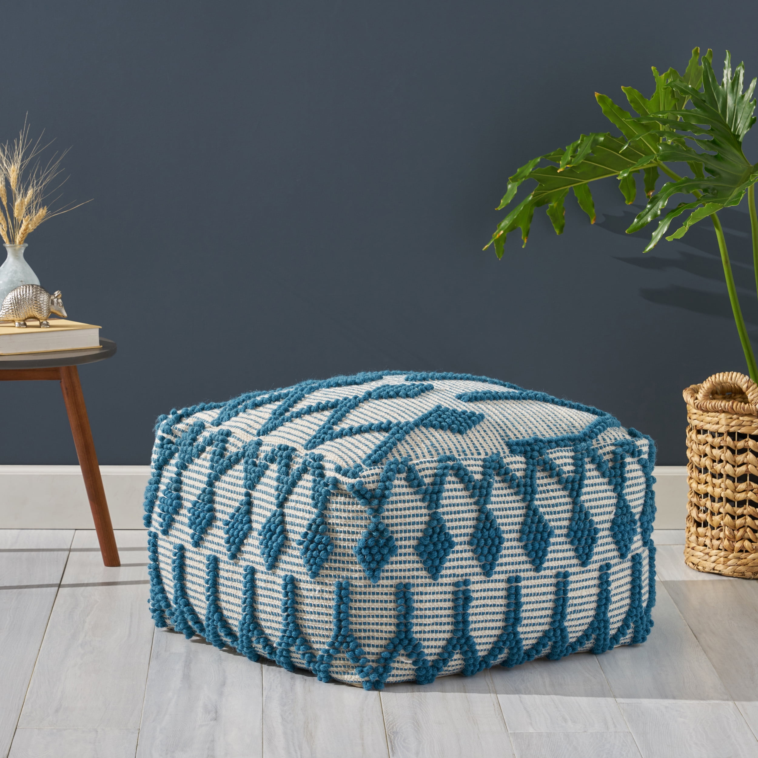 Noble House Liliana Boho Wool and Cotton Large Ottoman Pouf, Teal and