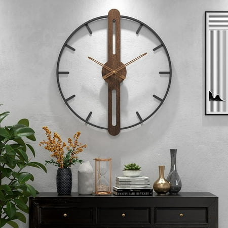 Modern Walnut Dial Wall Clock, Wood Large Wall Clock Decor Metal Frame Silent Non Ticking for Living Room, Bedroom, Kitchen, Study Decoration, Handmade Home Present Idea, 20 in (50 cm)