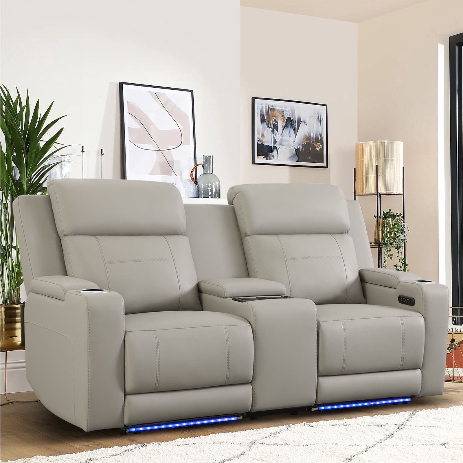 Power Recliner Loveseat, Home Theater Seating with Adjustable Headrest, Blue LED Lighting, Wireless Charging, USB, Type-C, PU Leather Reclining Sofa