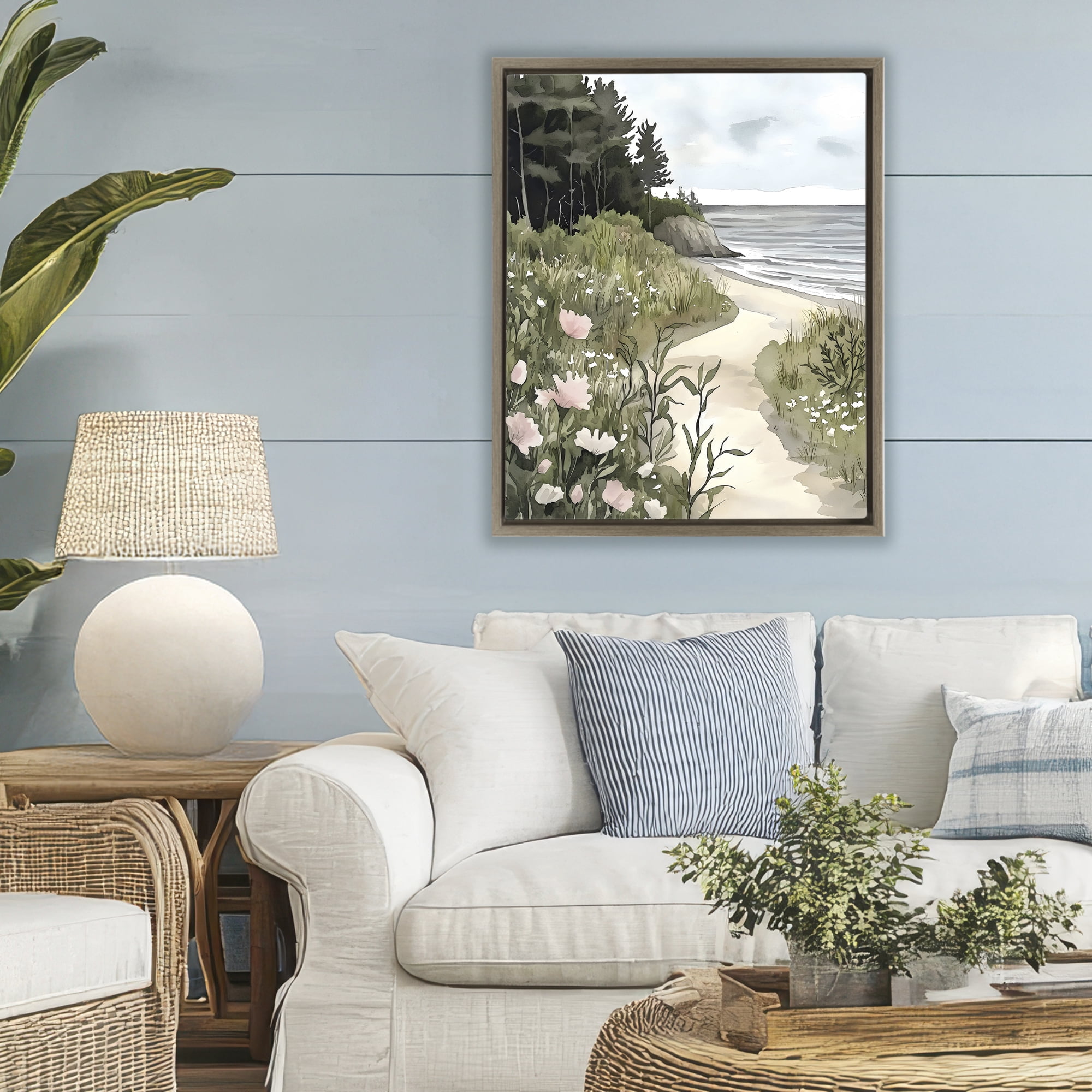 Stupell Industries Coastal Calm Floral Pathway Brown Framed Floater Canvas Wall Art, design by Riley B