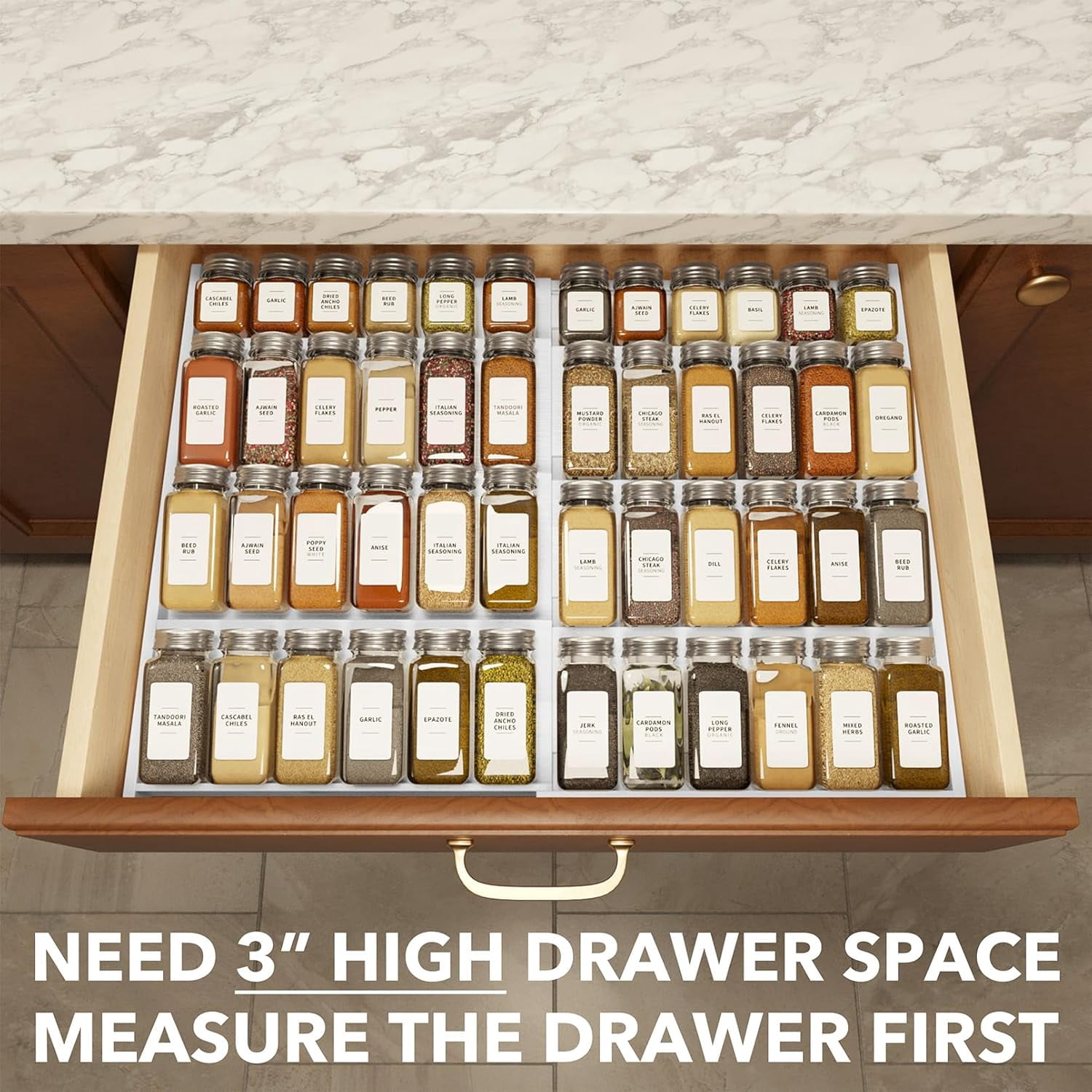 SpaceAid Bamboo Spice Drawer Organizer, Expandable, from 12" to 23" Wide (Need 3" Deep Drawer, Jars Not Included), White