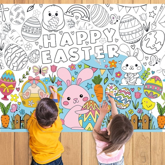 Easter Coloring Poster 31.5x43.3 Inch with Bunnies and Eggs, Large Disposable Tablecloth for Teen Party, Classroom Activity or Wall Decoration, Interactive Spring Home Decor
