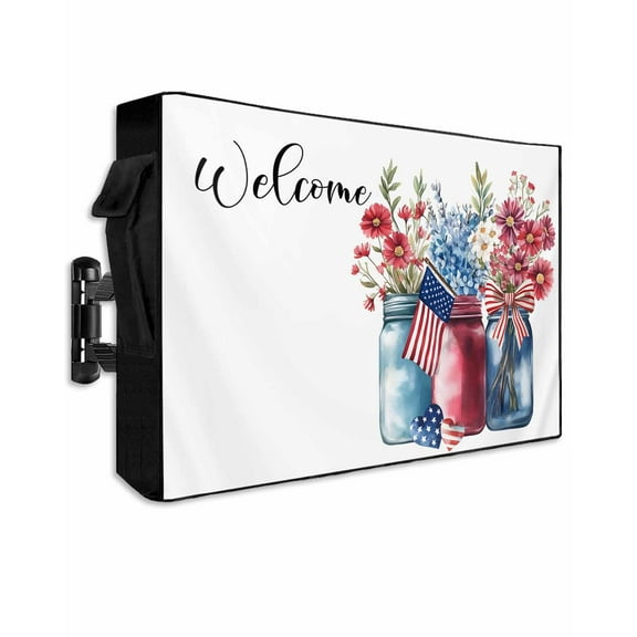 Red Blue 4th of July Outdoor TV Cover 48 to 50 Inch Weatherproof, Botanical Independence Day Welcome 600D Oxford TV Covers with Waterproof Zipper, Outside Flat TV Screen Protector 48"Wx30"Hx4.5"D