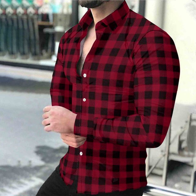 Timdgard Button down Shirts for Men Fall Plaid Lapel V Neck Long Sleeve Shirts Work Casual Tops