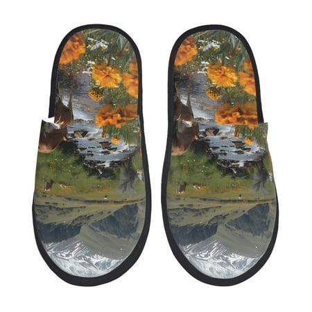 

Adobk Mountain Cows Flower Stream Print Slippers Indoor Outdoor Retro Slippers House Soft Fluffy Slides Cushion Furry Slippers-Medium