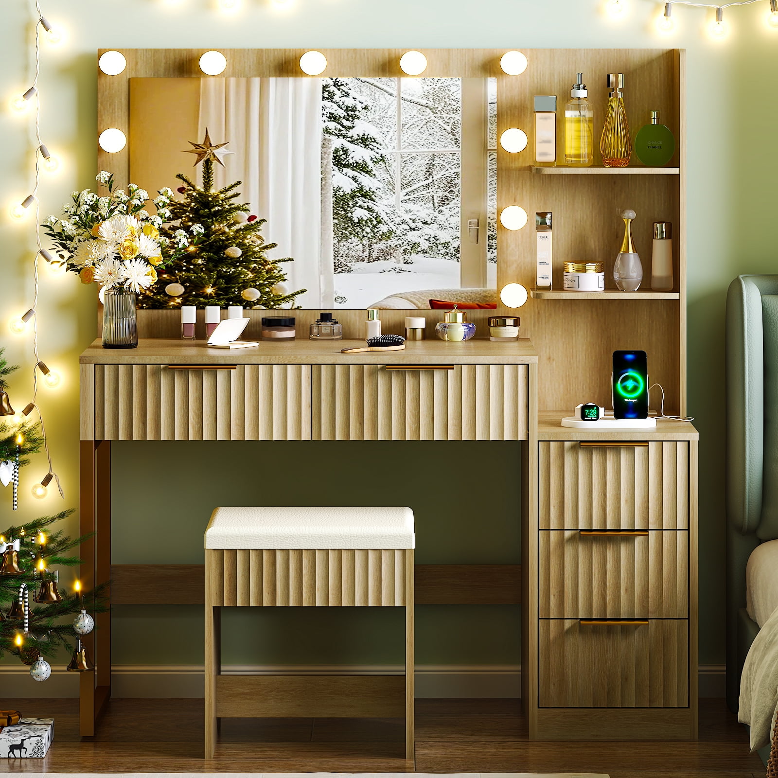 Ktaxon Flutted Makeup Vanity Table Set with 5 Drawer, Dressing Table w/Charging Station, Vanity Desk for Femal Gift, Wood Color