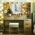 thumbnail image 3 of Ktaxon Flutted Makeup Vanity Table Set with 5 Drawer, Dressing Table w/Charging Station, Vanity Desk for Femal Gift, Wood Color, 3 of 9