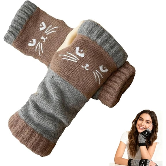 Cat Embroidery Splicing Knitted Gloves, Fingerless Gloves For Women,Cute Cat Embroidery Splicing Womens Knitted Glove, Warm Cozy Winter Vintage,Warm Glove,Cat Embroidery Splicing Knitted Gloves