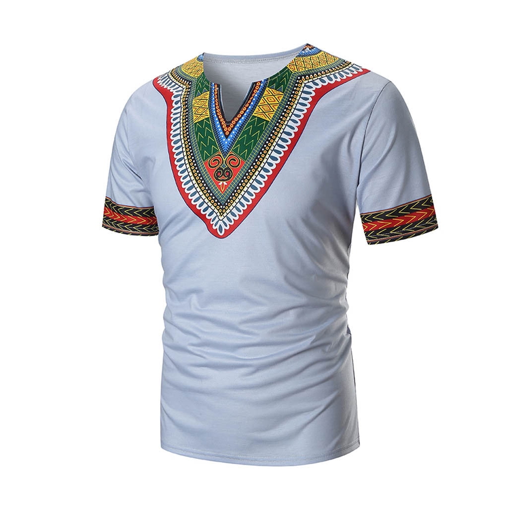 Men Summer Casual African Print V Neck Pullover Short Sleeve T-shirt ...