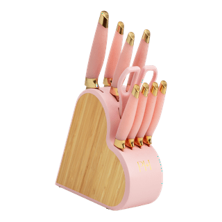 Chrome Club Stainless Steel Pink Knife Set with Block - 7 Piece Pink Kitchen Knife Set with Durable Clear Knife Block and Sharpener - Vibrant Pink