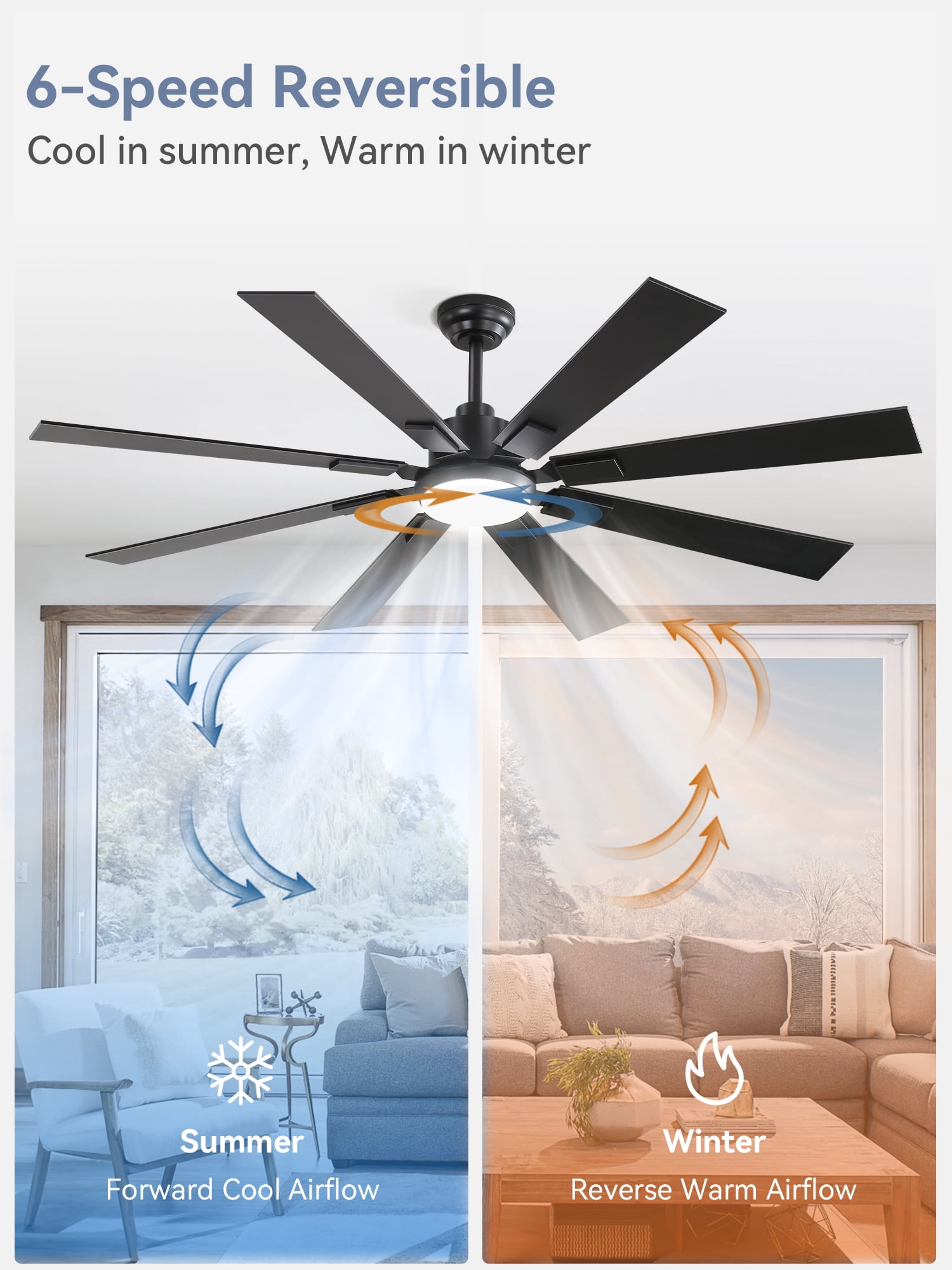 Zardon 62 inch Ceiling Fan with Light and Remote Control - Quiet DC Motor, 6 Speeds, Dual Finish Blades for Indoor Use - Black
