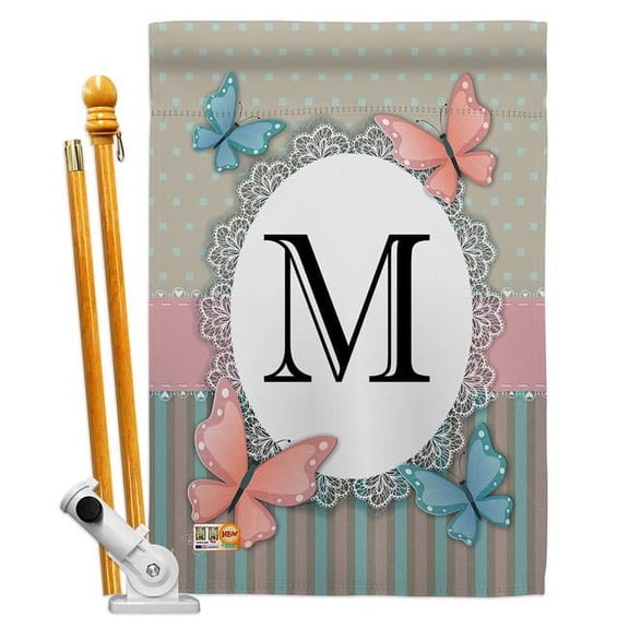 Breeze Decor BD-BG-HS-130143-IP-BO-D-US14-BD 28 x 40 in. Butterflies M Initial Garden Friends Bugs & Frogs Impressions Decorative Vertical Double Sided House Flag Set & Pole Bracket Hardware