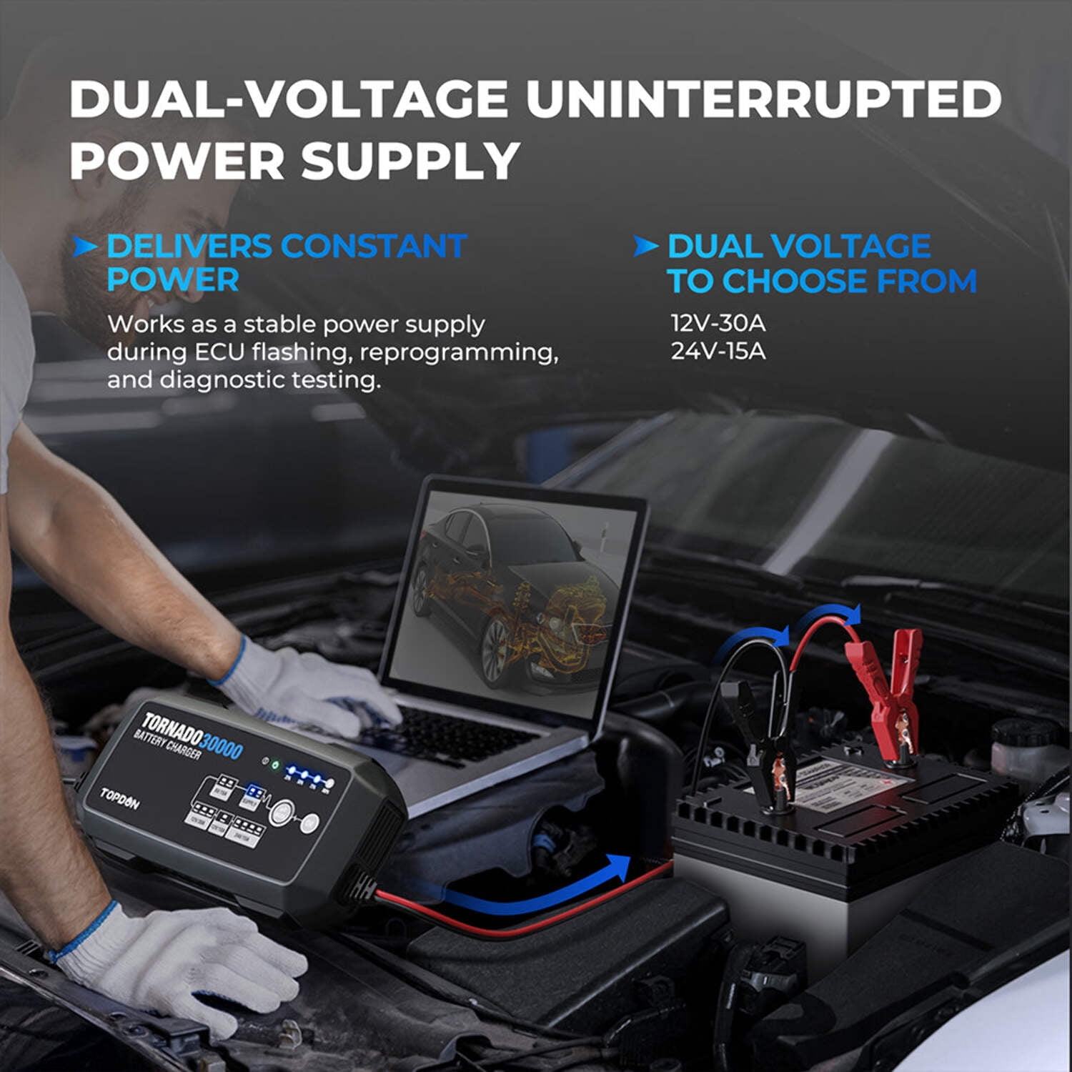 TOPDON Tornado30000 - 30A Smart Charger and Power Supply 12V/24V, Lithium