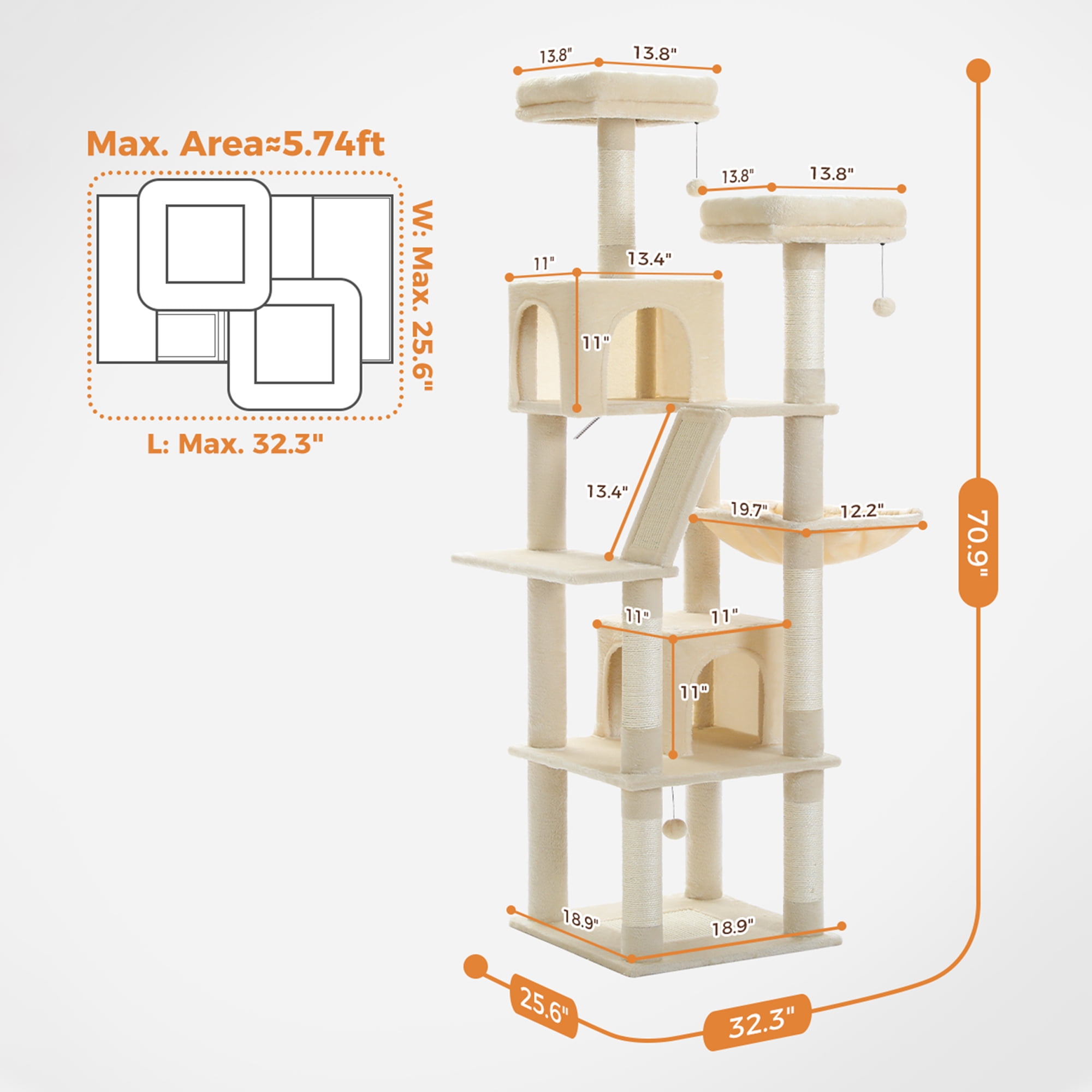 Kadyn 70" Large Cat Tree for Indoor Cats, Multi-Level Cat Tower Cat Scratching Post with 2 Perches, 2 Condos, Hammock and 2 Pompoms, Beige