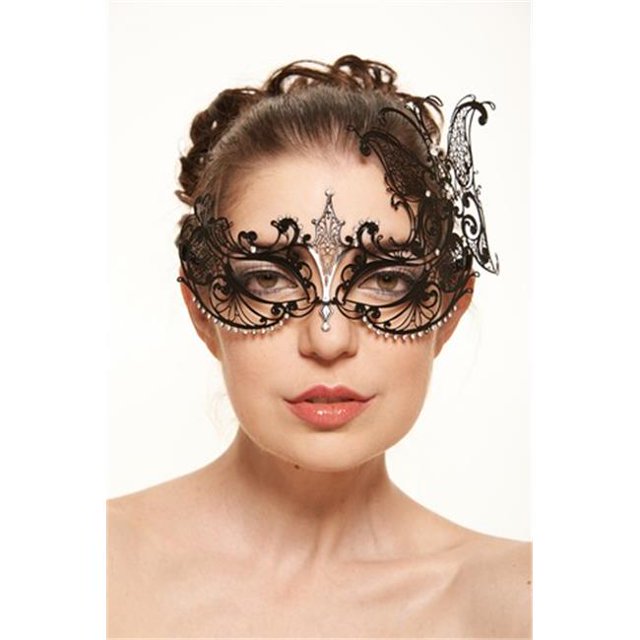 Black Luxury Metallic Butterfly Laser Cut Masquerade Mask with Clear Rhinestones - One Size
