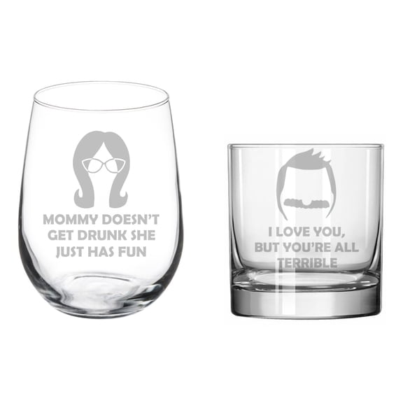 Stemless Wine & Rocks Whiskey Glass Gift Set of 2 Mommy Doesn't Get Drunk She Just Has Fun & I Love You But You're all Terrible Funny