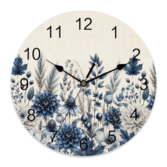 10 Inch Navy Blue Wildflower Wall Clock, Watercolor Floral Field Botanical Linen Battery Operated Silent Non Ticking Clocks, Easy to Read Round Wall Clock for Kitchen/Living Room/Bedroom/Bathroom