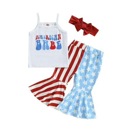 

CenturyX Independence Day Kids Baby Girls Clothes Summer Camisole Star Stripe Flared Pants Headband Outfits Set