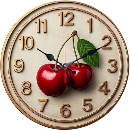 SBEMP10in Silent Wall Clock, Vintage Cherry Relief Decorative Wall Clock, Battery Operated Non-Ticking Round Clock for Kitchen Living Room Fruit Home Decor