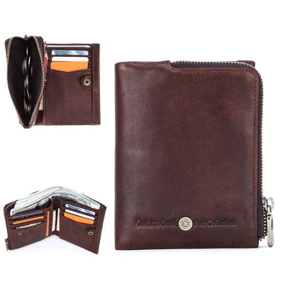 Contact's Men's RFID Blocking Billfold Wallet, Genuine Leather Vintage Wallet with Zipper Coin Pocket, Valentine Gift,Coffee