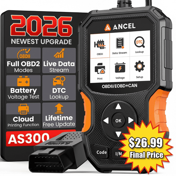 ANCEL AS300 OBD2 Scanner Car Code Reader, Full OBDII Diagnostic Tool with Cloud Printing, DTC Lookup, I/M Readiness, Battery Voltage Test, Live Data, Smog Check, 11 Languages, Lifetime Free Updates