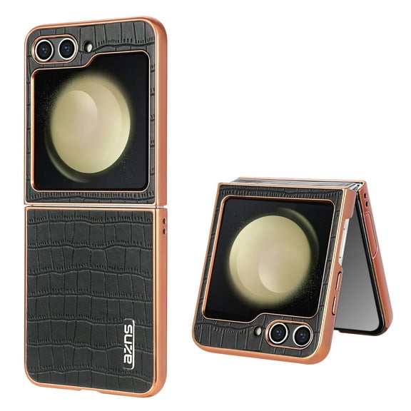 Crocodile Texture PU Leather Cover for Samsung Galaxy Z Flip 7, All-Inclusive Camera Lens Protection (without Lens Film) Case Luxury Plating Slim Fit Anti-Fall Plating Frame Phone Case, Black