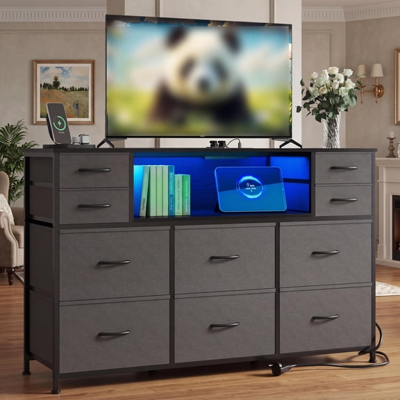 10 Drawer Fabric Dresser with LED Lights & Charging Station – Wood Top TV Stand with Open Shelves for Bedroom & Living Room, 40-55" TVs
