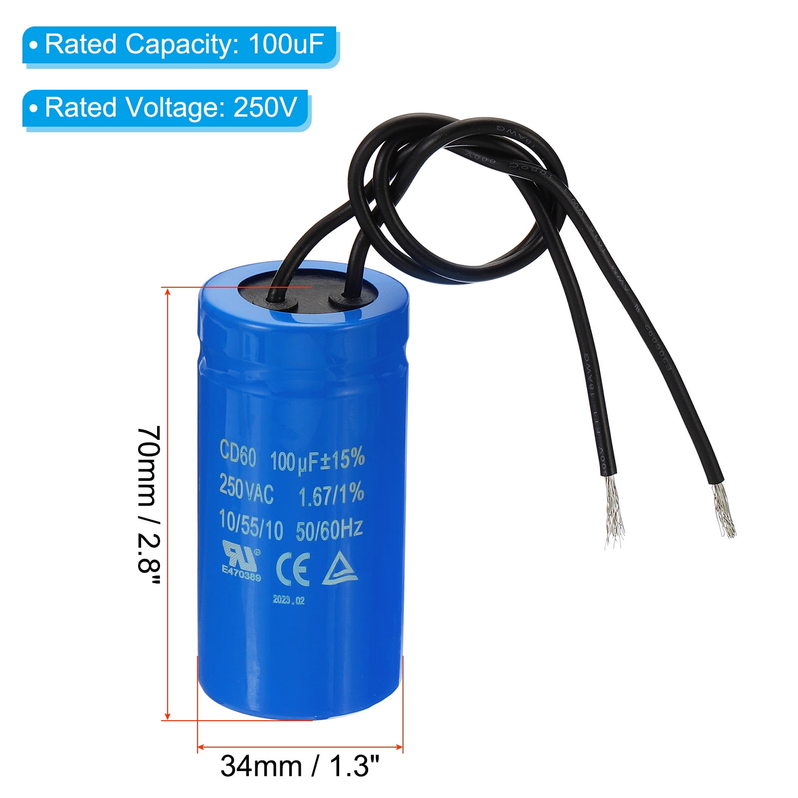 Uxcell 100uF 250VAC CD60 Run Capacitor 2 Wires 50/60Hz Motor