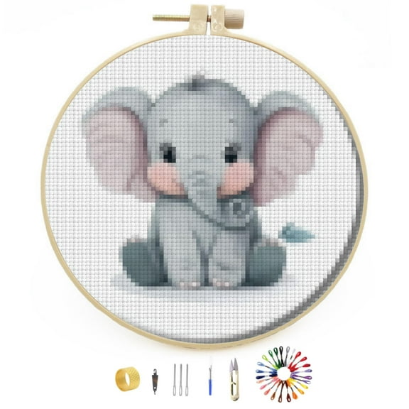 Cute Baby Elephant Easy Stamped Cross Stitch Kits for Beginners with Hoop Simple Patterns 11CT Counted Embroidery Needlepoint Crafts Arts for DIY Enthusiasts and Home Decor 26x26cm(3)