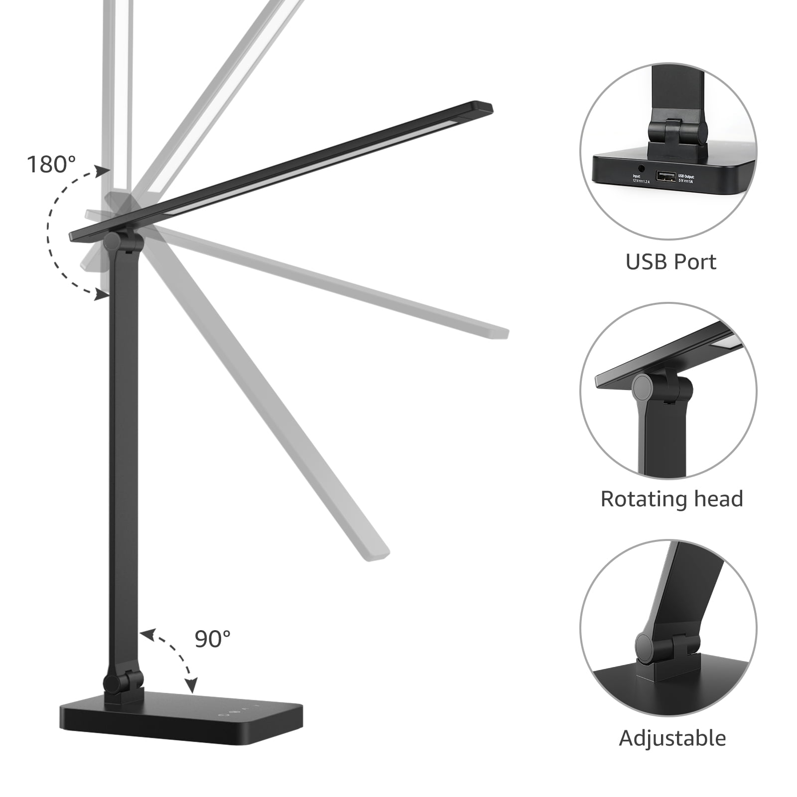 Lepro LED Dimmable Reading Desk Lamp with USB Charging Port, 15W 96 LEDs 550 Lumens Soft Light Eye-Care, Suitable for Home Work, Study, College Dorm, Black