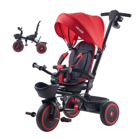 VEVOR Toddler Tricycle & Stroller for 1-5 Year Old, 6-in-1 Kids Trike with Parent Push Handle, Canopy, Adjustable Seat and Storage, Tricycle for Toddlers, Birthday Toy for Boys and Girls, Red/Black