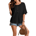 thumbnail image 3 of Blusas de Punto Gofre para Mujer, Moda 2025, Blusas de Patchwork Extragrandes con Cuello Redondo y Mangas 3/4, Color Negro XL, 3 of 6