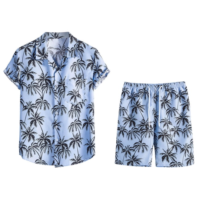 Conjunto casual de blusa y pantalones de playa de manga corta con estampado de botones para hombre Pompotops oipoqjl35439