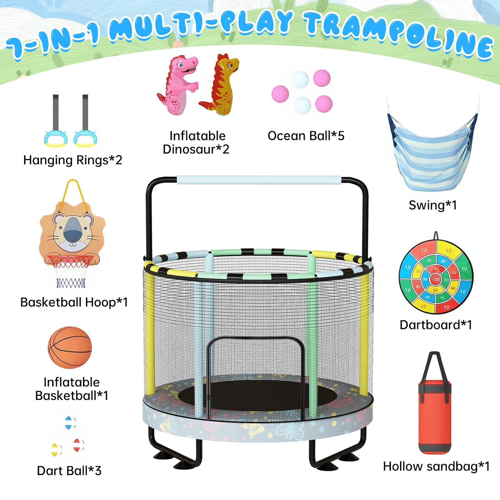 Mieres 55" 7-in-1 Upgraded Kids Trampoline with Swing & Basketball Hoop, Reinforced Safety Design with Adjustable Height & Net for Ages 3-8, 500lbs Capacity, In/Outdoor Play Center, Pink Butterfly