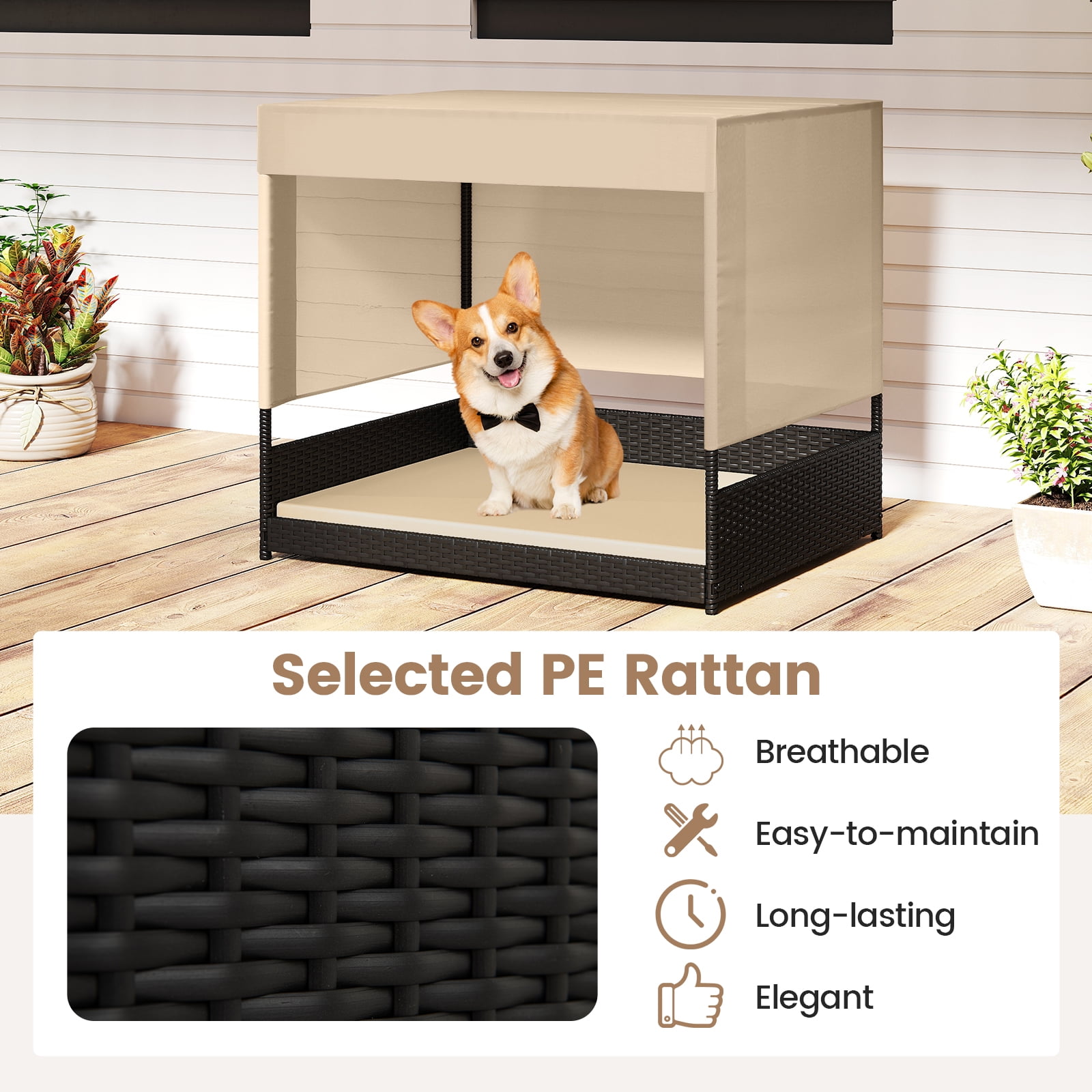 Gymax Outdoor Dog Shelter w/Cushioned Bed & Removable Sunproof Canopy Raised Legs