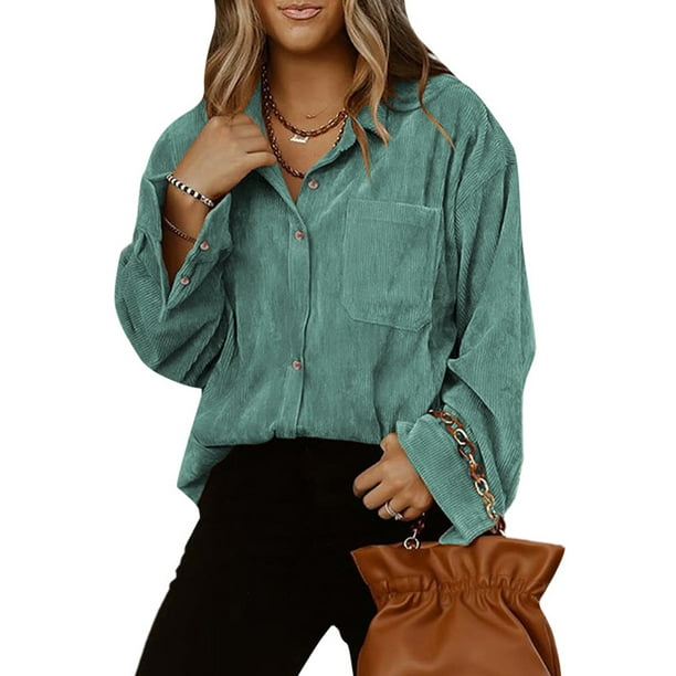 Avamo Womens lightweight Jackets long sleeve Corduroy Shirts Boyfriend Button Down Collar Shirt cardigans jacket Tops Tshirt Green XL