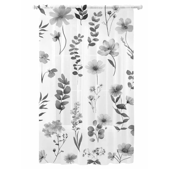 Sheer Curtains 96 Inches Long, Grey Spring Floral Semi Sheer Curtains Light Filtering Window Treatment, Flowers Botanical Elegant Pastoral Privacy Voile Drapes for Living Room Bedroom 52x96 Inch