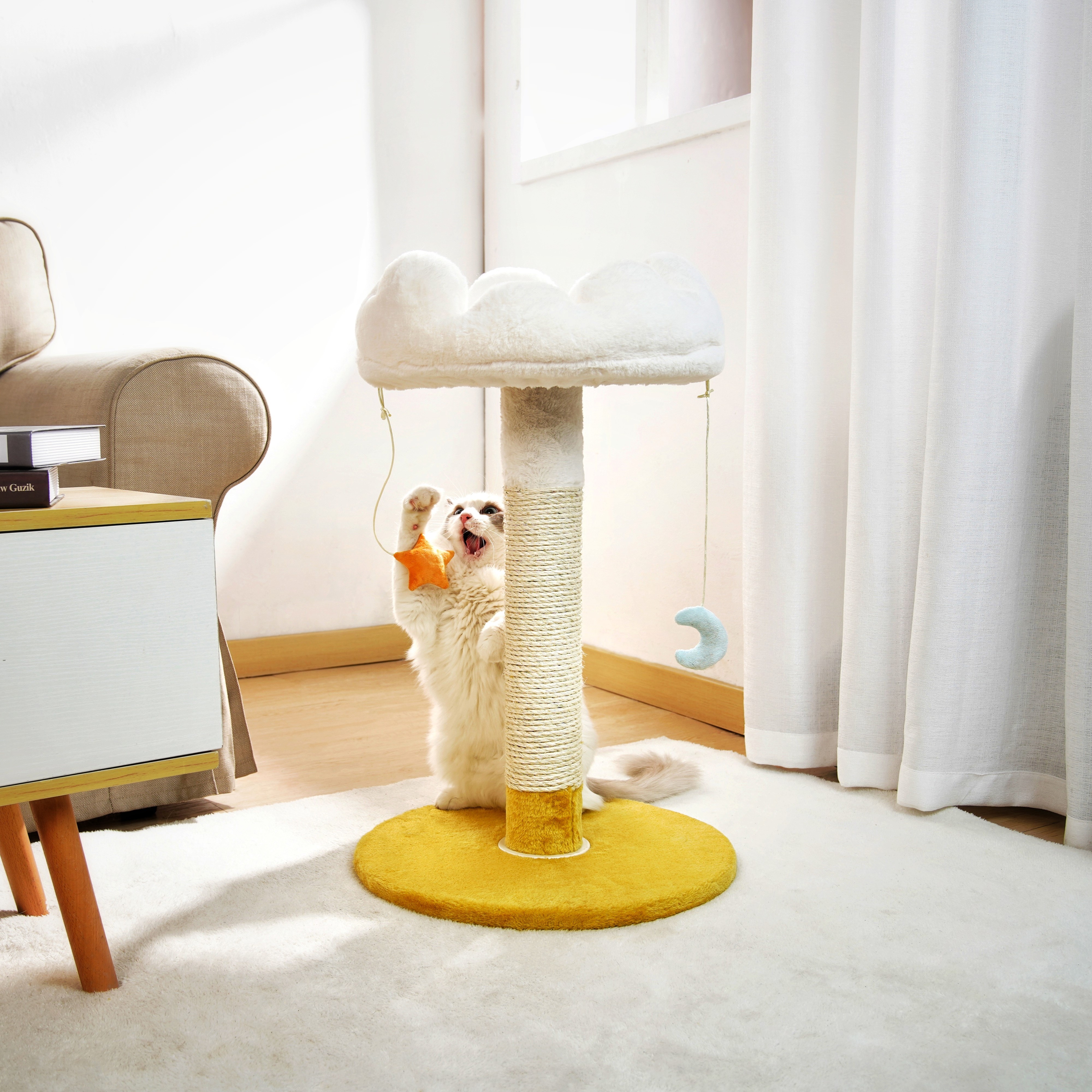 Happi N Pets 28" Tall Thick Cat Scratching Post, Small Cat Tree for Indoor Cats with Cloud Soft Perch & Bed, Cute Toys, Stable Stand, Removable Cover, Bonus Catnip