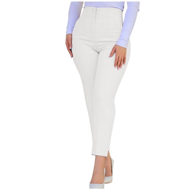 Pantalones casuales Umfun para mujer, de cintura alta, con bolsillos, ajustados, color liso, cómodos, color blanco, talla XL