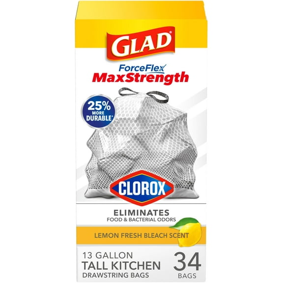 Glad 274824 13 gal Lemon Fresh Bleach Scent Odor Shield Trashbag - 34 Count