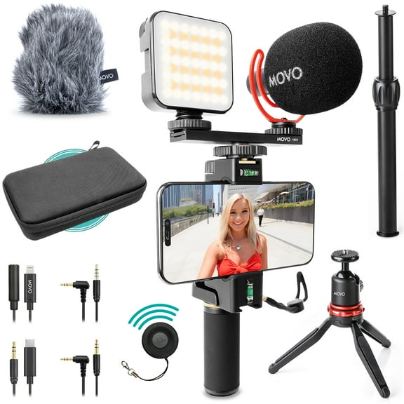 Movo iVlogger-PRO Vlogging Kit with Full Tripod for iPhone/Android - USB-C/Lightning YouTube Starter Kit for Content Creators - Accessories: Phone Tripod, Phone Mount, RGB Light and VXR10 Shotgun Mic