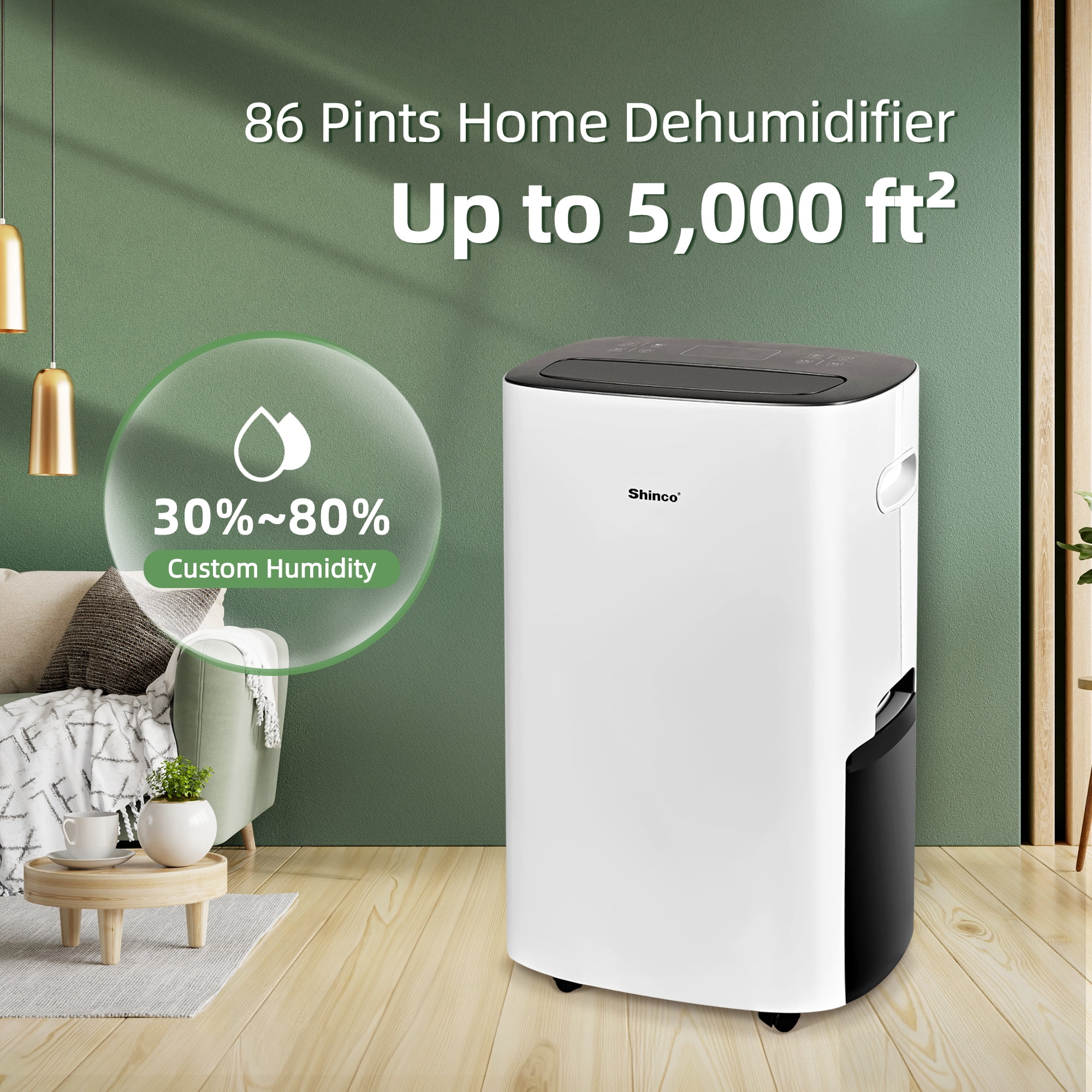 85 pt. 5,000 sq.ft. Portable Dehumidifier in White, with Auto Defrost, Variable Speeds, Continuous Run, 24H Timer