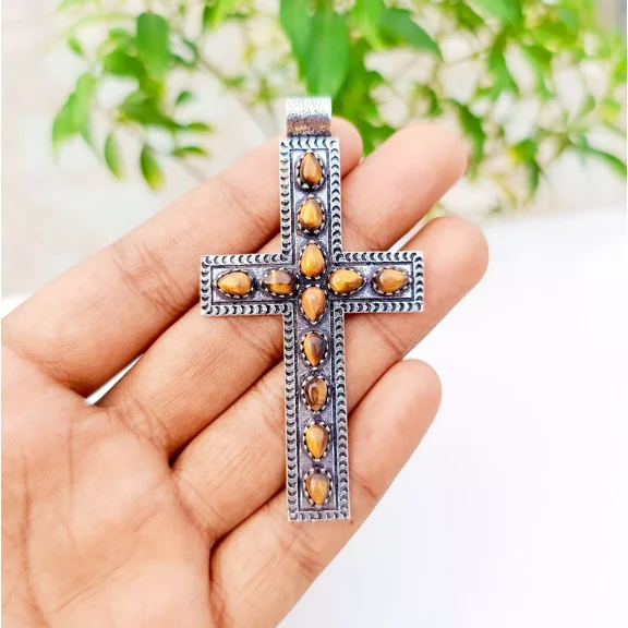 Tiger's Eye Cross Pendant 925 Sterling Silver Handmade Gemstone Jewelry 2.83"