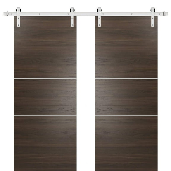 Sturdy Double Barn Door 36 x 80 inches with | Planum 0110 Chocolate Ash with Frosted Glass | Stainless Steel 13FT Rail Hangers Heavy Set | Solid Panel Interior Doors