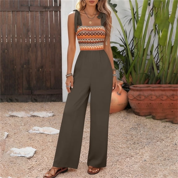 Mifsaly Womens Jumpsuits for Summer Boho Patterned Sleeveless Romper with Tie Shoulder Straps and Pockets Beach Vacation Casual One Piece Outfits Brown,XL