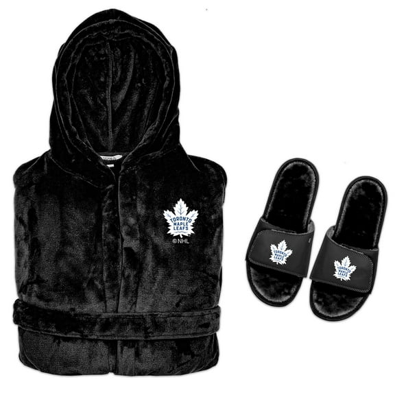 Men's ISlide  Black Toronto Maple Leafs Hooded Phantom Robe & Fur Slide Bundle
