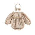 thumbnail image 3 of Staki Smocked Baby Girl Clothes Newborn Girl Bubble Romper Long Sleeve Jumpsuit And Headband Outfit Cute Infant Clothing 0-18M,3-6 Months, 3 of 9